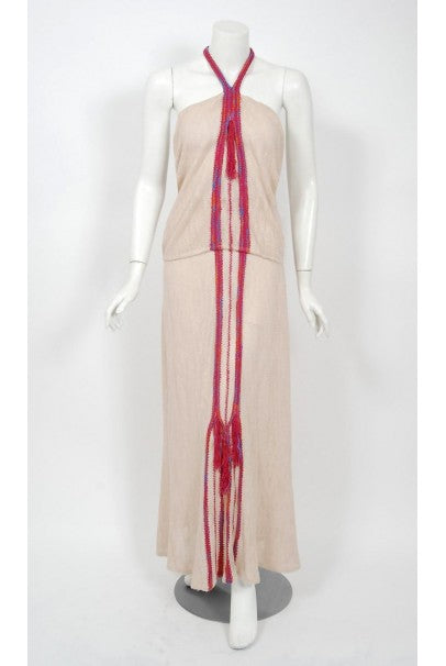 1970 Mary Farrin London Beige Raspberry Hand-Knit Tassel Halter 4-Piece Ensemble