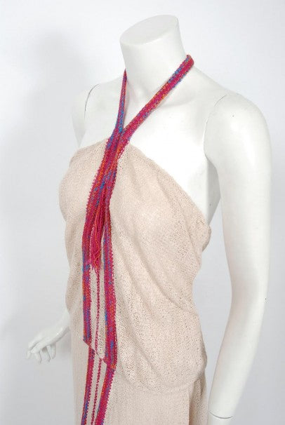 1970 Mary Farrin London Beige Raspberry Hand-Knit Tassel Halter 4-Piece Ensemble