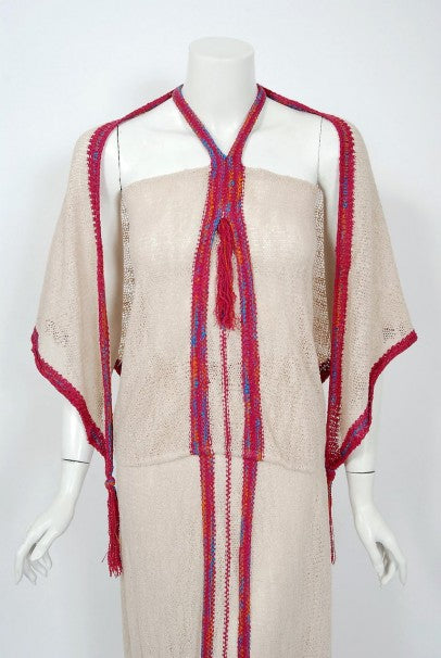 1970 Mary Farrin London Beige Raspberry Hand-Knit Tassel Halter 4-Piece Ensemble