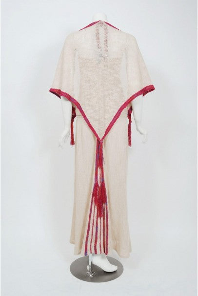 1970 Mary Farrin London Beige Raspberry Hand-Knit Tassel Halter 4-Piece Ensemble