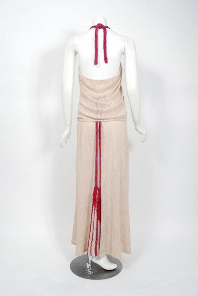 1970 Mary Farrin London Beige Raspberry Hand-Knit Tassel Halter 4-Piece Ensemble