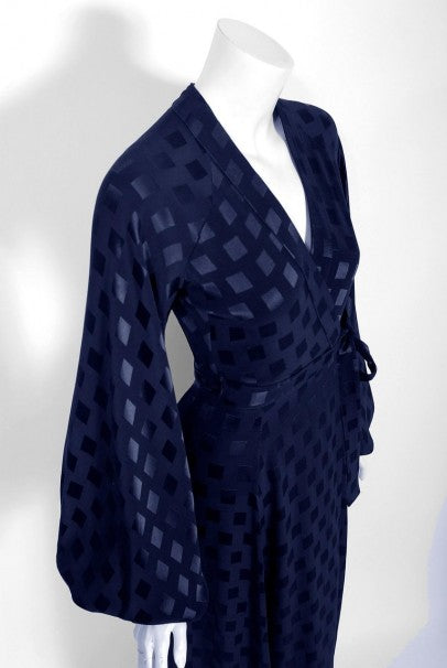 1972 Ossie Clark for Quorum Navy Deco Print Satin Backless Billow-Sleeve Gown