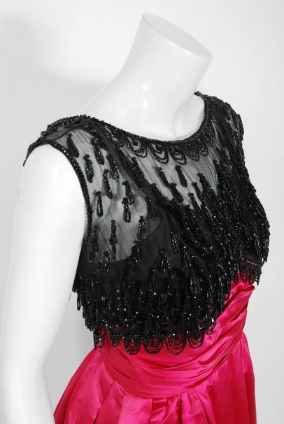 1950&#39;s Couture Fuchsia Pink Satin Beaded Illusion Shelf-Bust Party Dress w/Shawl