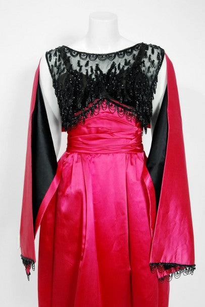 1950&#39;s Couture Fuchsia Pink Satin Beaded Illusion Shelf-Bust Party Dress w/Shawl