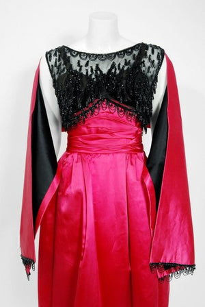 1950's Couture Fuchsia Pink Satin Beaded Illusion Shelf-Bust Party Dress w/Shawl