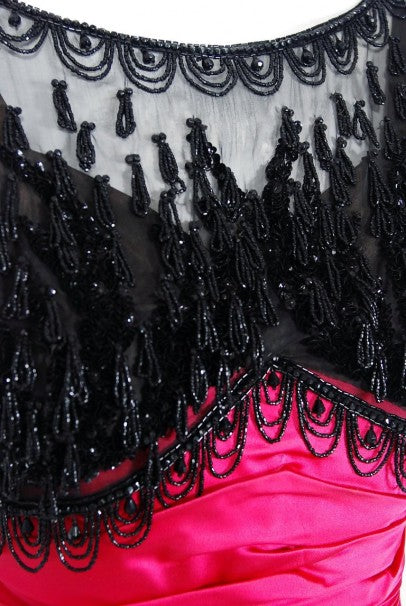 1950&#39;s Couture Fuchsia Pink Satin Beaded Illusion Shelf-Bust Party Dress w/Shawl