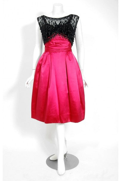1950&#39;s Couture Fuchsia Pink Satin Beaded Illusion Shelf-Bust Party Dress w/Shawl
