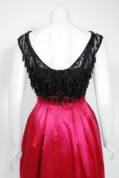 1950&#39;s Couture Fuchsia Pink Satin Beaded Illusion Shelf-Bust Party Dress w/Shawl