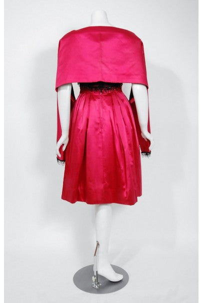1950&#39;s Couture Fuchsia Pink Satin Beaded Illusion Shelf-Bust Party Dress w/Shawl