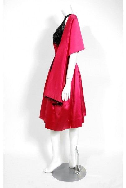 1950&#39;s Couture Fuchsia Pink Satin Beaded Illusion Shelf-Bust Party Dress w/Shawl