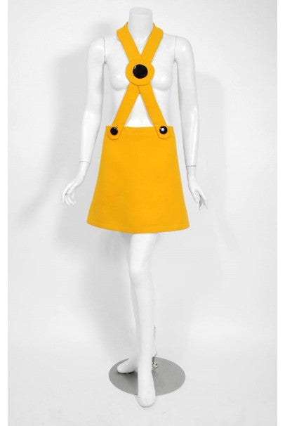 1969 Pierre Cardin Yellow Wool &amp; Black Patent Bullseye Mod Target Pinafore Dress