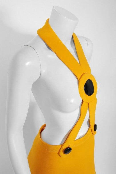 1969 Pierre Cardin Yellow Wool &amp; Black Patent Bullseye Mod Target Pinafore Dress
