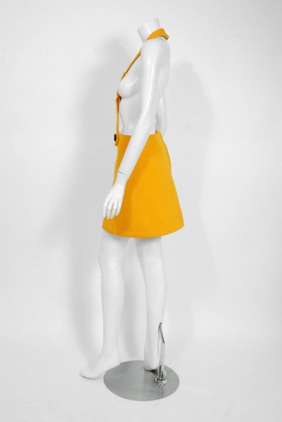 1969 Pierre Cardin Yellow Wool &amp; Black Patent Bullseye Mod Target Pinafore Dress