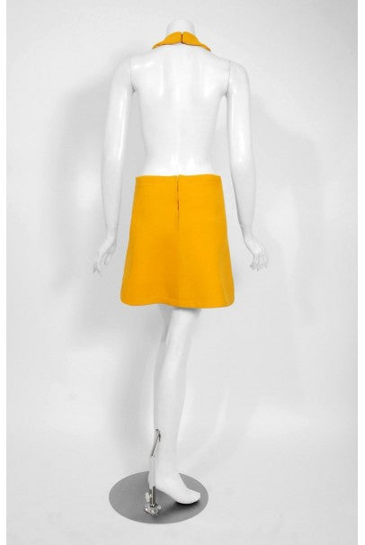 1969 Pierre Cardin Yellow Wool &amp; Black Patent Bullseye Mod Target Pinafore Dress