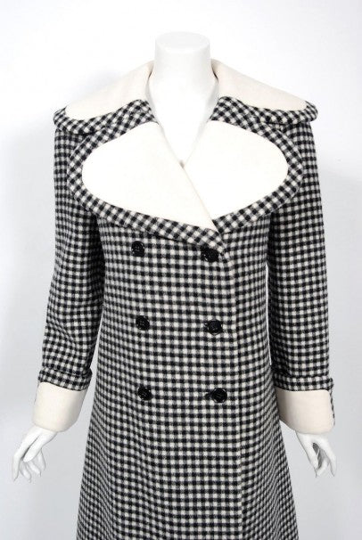 1972 Geoffrey Beene Black &amp; Creme Checkered Wool Double-Breasted Mod Coat