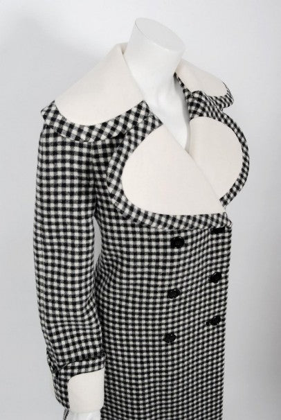 1972 Geoffrey Beene Black &amp; Creme Checkered Wool Double-Breasted Mod Coat