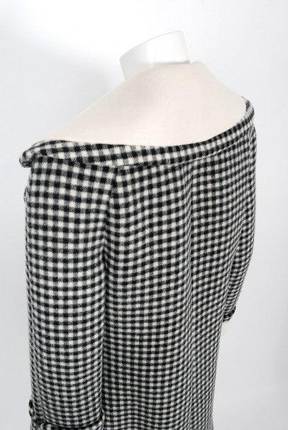 1972 Geoffrey Beene Black &amp; Creme Checkered Wool Double-Breasted Mod Coat