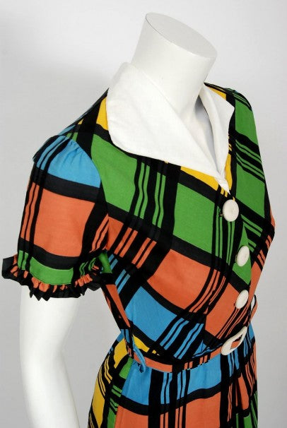 1940&#39;s Rainbow Plaid Print Cotton Button-Down Belted Swing Dress w/ Tags