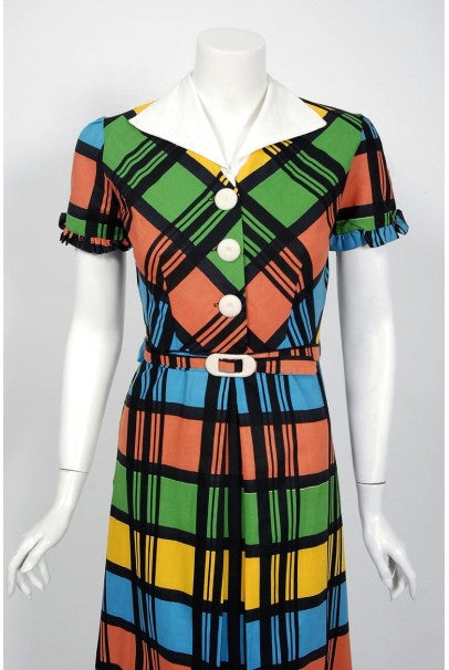 1940&#39;s Rainbow Plaid Print Cotton Button-Down Belted Swing Dress w/ Tags