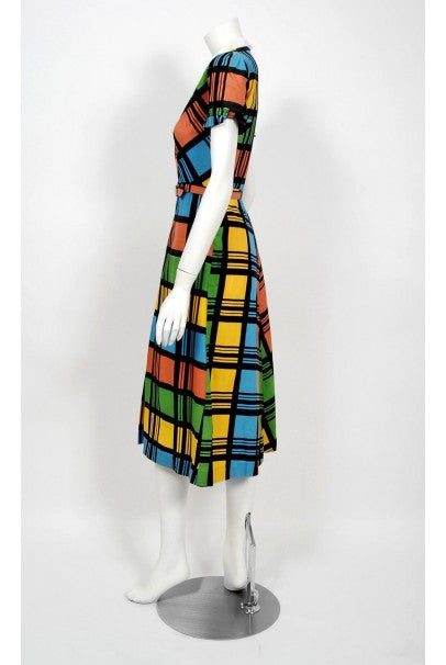 1940&#39;s Rainbow Plaid Print Cotton Button-Down Belted Swing Dress w/ Tags