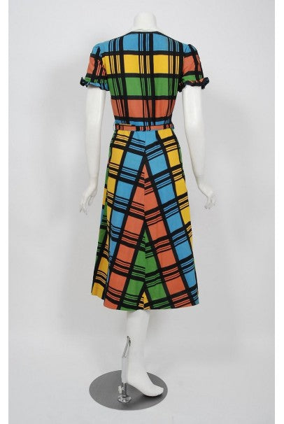 1940&#39;s Rainbow Plaid Print Cotton Button-Down Belted Swing Dress w/ Tags