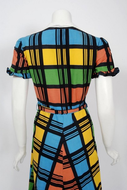 1940&#39;s Rainbow Plaid Print Cotton Button-Down Belted Swing Dress w/ Tags
