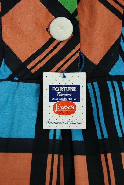 1940&#39;s Rainbow Plaid Print Cotton Button-Down Belted Swing Dress w/ Tags