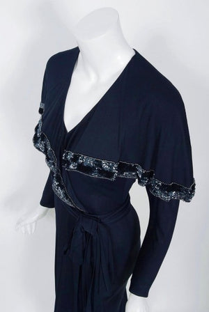 1977 Jean Muir Beaded Sequin Navy Silk-Jersey Capelet Plunge Belted Dress With Tags