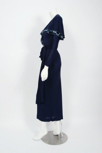 1977 Jean Muir Beaded Sequin Navy Silk-Jersey Capelet Plunge Belted Dress With Tags
