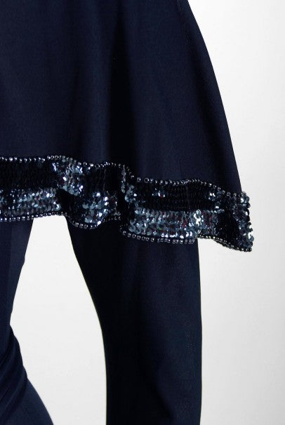 1977 Jean Muir Beaded Sequin Navy Silk-Jersey Capelet Plunge Belted Dress With Tags