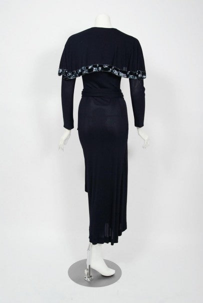 1977 Jean Muir Beaded Sequin Navy Silk-Jersey Capelet Plunge Belted Dress With Tags