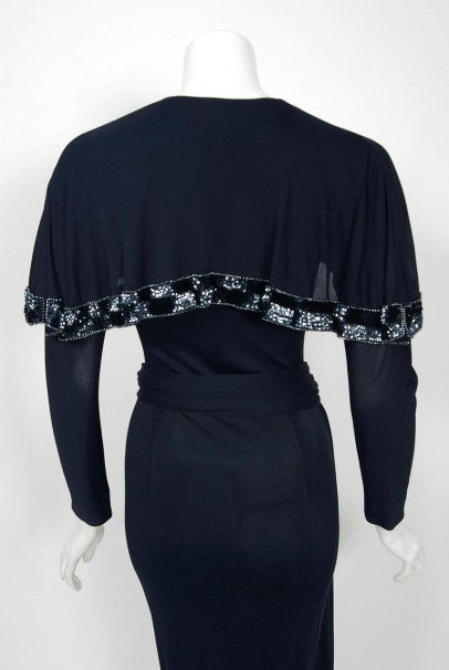 1977 Jean Muir Beaded Sequin Navy Silk-Jersey Capelet Plunge Belted Dress With Tags