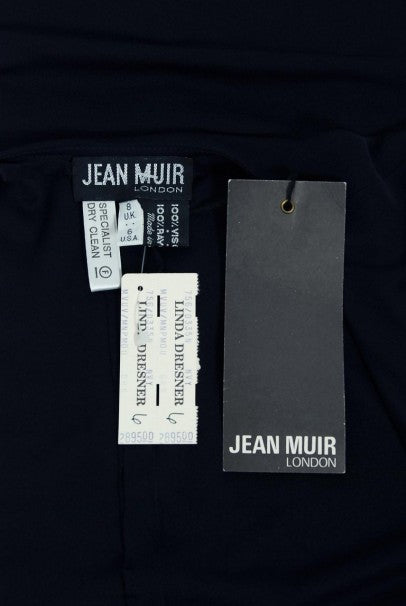 1977 Jean Muir Beaded Sequin Navy Silk-Jersey Capelet Plunge Belted Dress With Tags