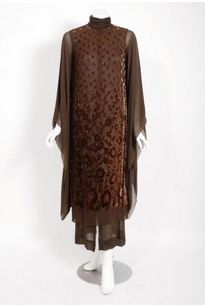 1969 Christian Dior Haute-Couture Brown Floral Flocked Silk Kimono Sleeve Gown