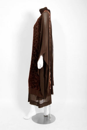 1969 Christian Dior Haute-Couture Brown Floral Flocked Silk Kimono Sleeve Gown