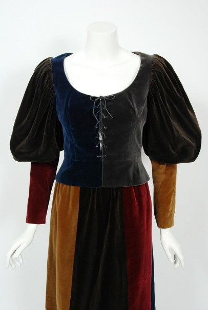 1970 Yves Saint Laurent Corset Lace-Up Mutton Sleeve Velvet Blouse &amp; Maxi Skirt