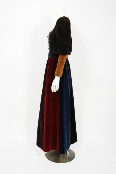 1970 Yves Saint Laurent Corset Lace-Up Mutton Sleeve Velvet Blouse &amp; Maxi Skirt