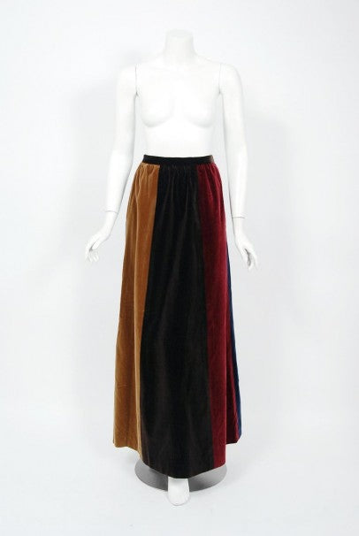 1970 Yves Saint Laurent Corset Lace-Up Mutton Sleeve Velvet Blouse &amp; Maxi Skirt