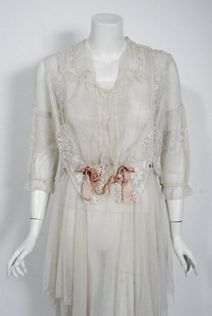 1910 Edwardian Ivory Sheer Embroidered Floral Lace & Net-Tulle Tiered Tea Gown