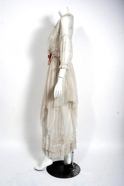 1910 Edwardian Ivory Sheer Embroidered Floral Lace & Net-Tulle Gown 1910 Edwardian Ivory Sheer Embroidered Floral Lace & Net-Tulle Gown