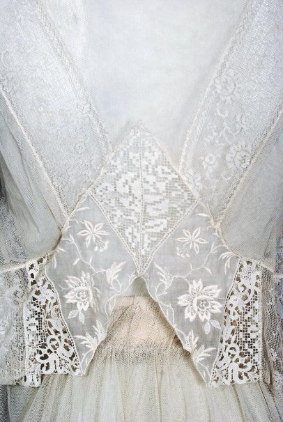 1910 Edwardian Ivory Sheer Embroidered Floral Lace & Net-Tulle Gown 1910 Edwardian Ivory Sheer Embroidered Floral Lace & Net-Tulle Gown