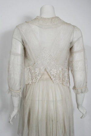 1910 Edwardian Ivory Sheer Embroidered Floral Lace & Net-Tulle Tiered Tea Gown