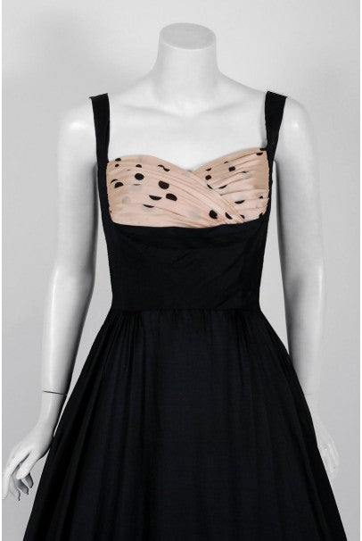 1950&#39;s Oleg Cassini Black &amp; Pink Polka-Dot Silk Full Party Dress
