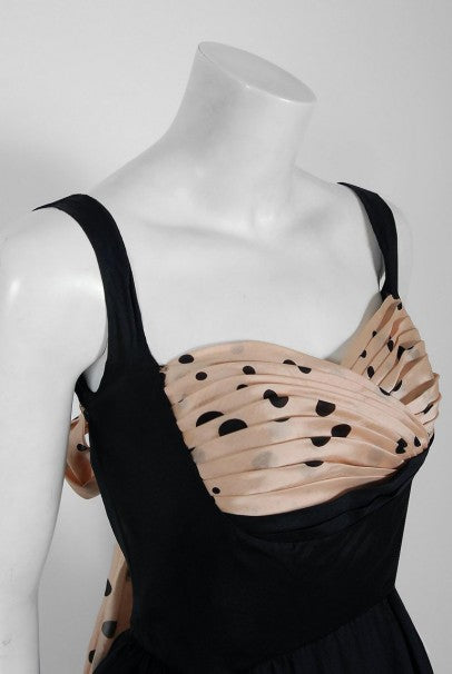 1950&#39;s Oleg Cassini Black &amp; Pink Polka-Dot Silk Full Party Dress