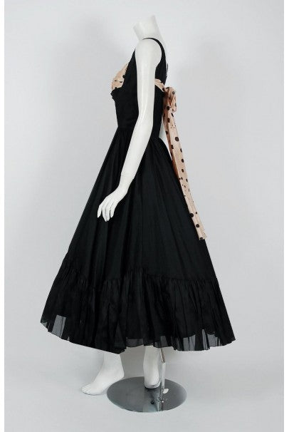 1950&#39;s Oleg Cassini Black &amp; Pink Polka-Dot Silk Full Party Dress