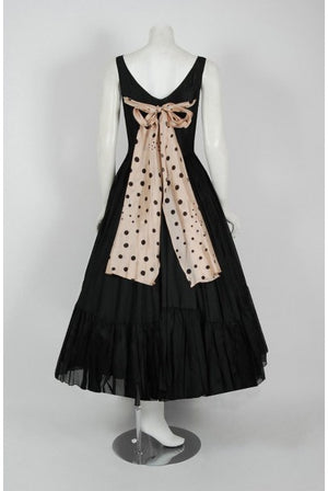 1950's Oleg Cassini Black & Pink Polka-Dot Silk Full Party Dress