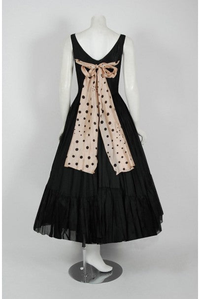 1950's Oleg Cassini Black & Pink Polka-Dot Silk Full Party Dress - Timeless Vixen 1950's Oleg Cassini Black & Pink Polka-Dot Silk Full Party Dress - Timeless Vixen