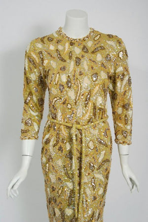 1960's Gene Shelly Chartreuse Yellow Sequin Beaded Knit Abstract Cocktail Dress