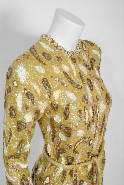 1960&#39;s Gene Shelly Chartreuse Yellow Sequin Beaded Knit Abstract Cocktail Dress