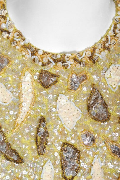 1960&#39;s Gene Shelly Chartreuse Yellow Sequin Beaded Knit Abstract Cocktail Dress